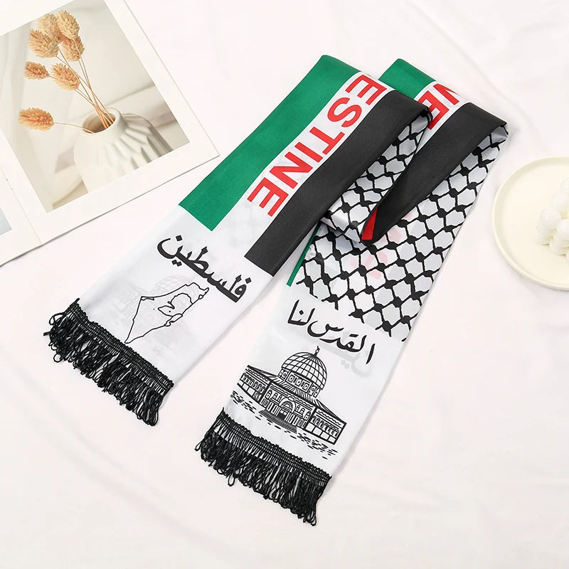 Arab Silk Feeling Satin Scarf Long and Thin Stoles Arab Ethnic Elements Tassels Pareos Fashion Unisex Silk Stain Neckerchief